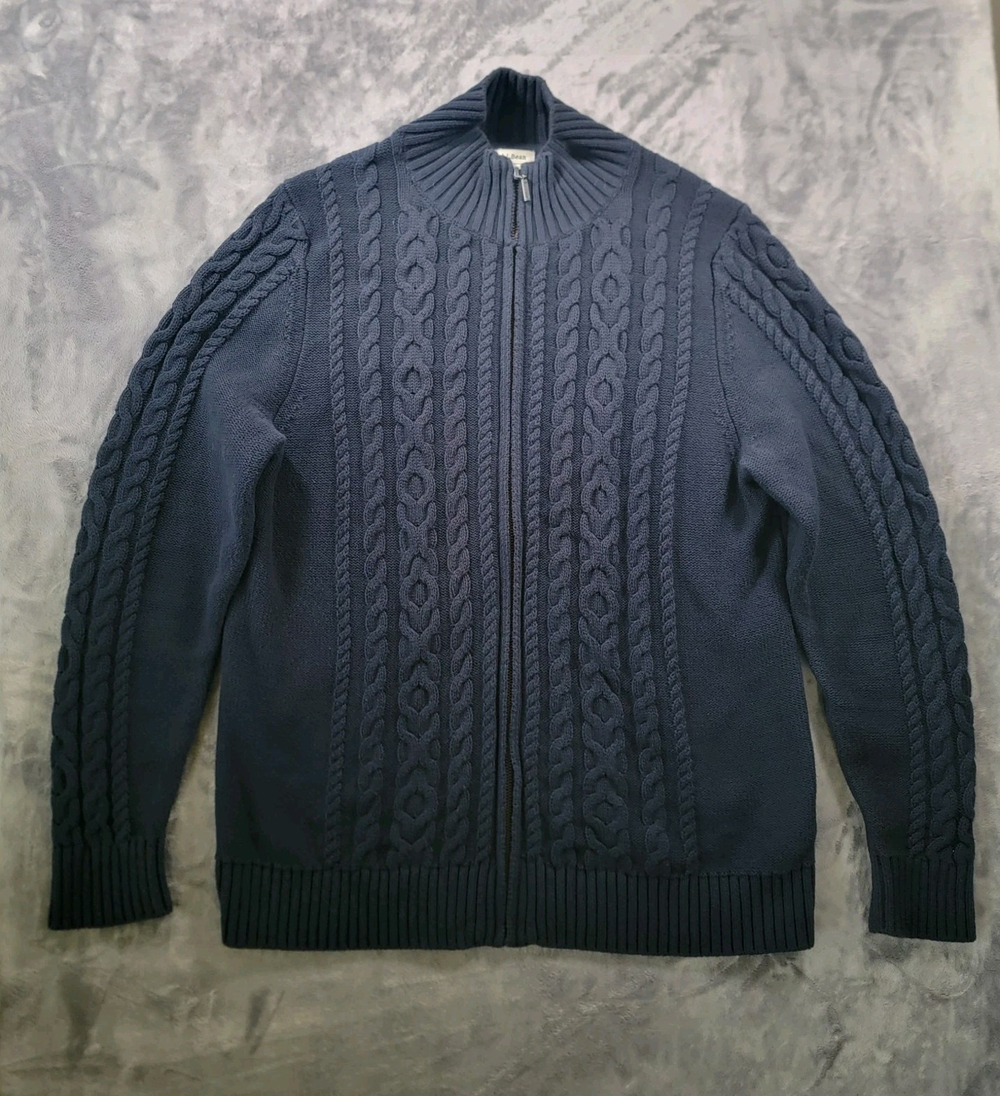 L.L. Bean Mens XL Full Zip Cable Knit Sweater Cotton Navy